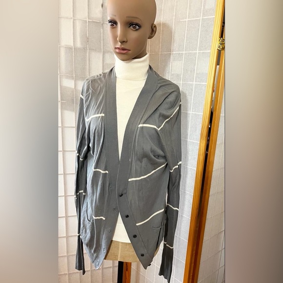 Grey and white striped Cardigan Sweater - Picture 2 of 12